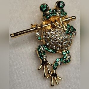 New Rhinestone Frog with Flute Brooch / Pendant